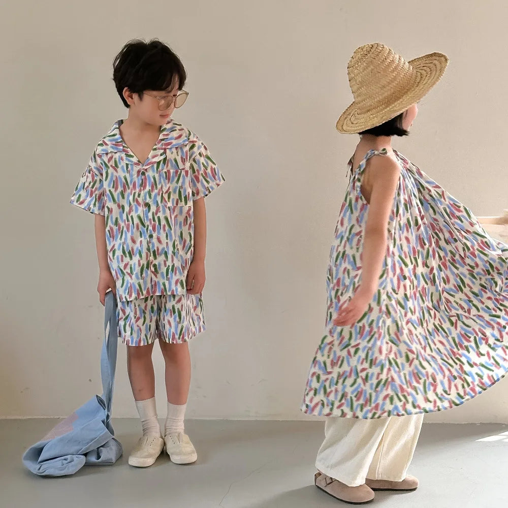 -キッズセットアップ 2点セット/ワンピース ボーイズ半袖シャツ+ショートパンツ/ガールズキャミワンピ カラフル リンクコーデ 兄弟姉妹 お揃いコーデ - mamahalo shop - 半袖セットアップ -  べビー服 - 子供服 - 男の子 - 女の子