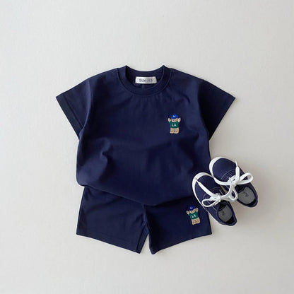 -ベビーキッズセットアップ 2点セット 半袖Tシャツ+ショートパンツ ベアくま刺繍 6カラー【mh0005629】 - mamahalo shop - 半袖セットアップ -  べビー服 - 子供服 - 男の子 - 女の子