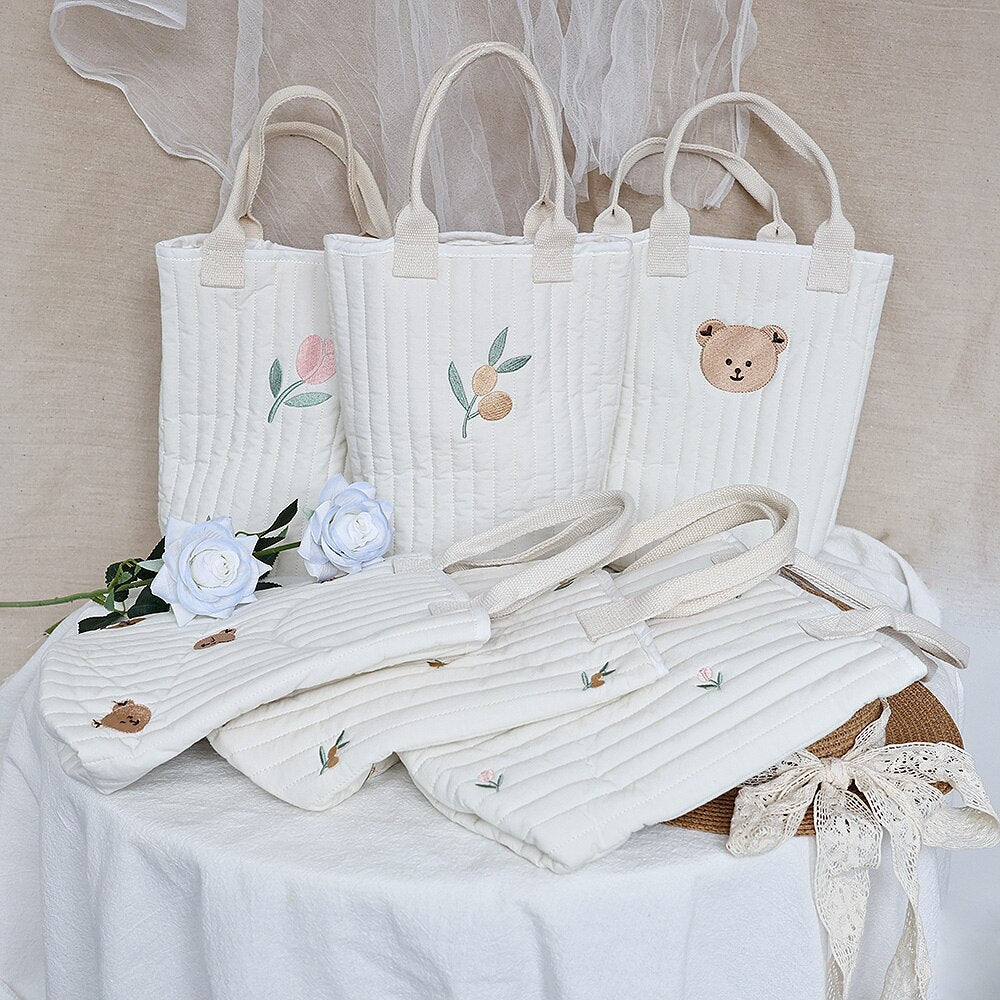 -キルティング 刺繍 バケツ バック ママバッグ くま オリーブ チューリップ - mamahalo shop - マザーズバッグ -  べビー服 - 子供服 - 男の子 - 女の子