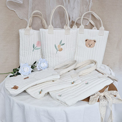 -キルティング 刺繍 バケツ バック ママバッグ くま オリーブ チューリップ - mamahalo shop - マザーズバッグ -  べビー服 - 子供服 - 男の子 - 女の子