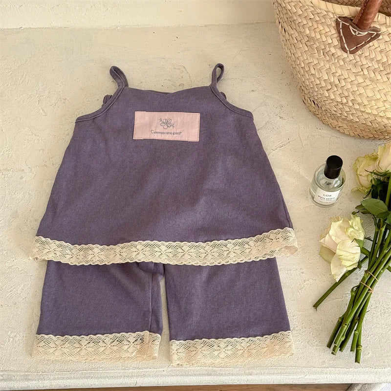 -キッズセットアップ 2点セット キャミソールトップス+クロップドパンツ レース 2カラー - mamahalo shop - ノースリーブセットアップ -  べビー服 - 子供服 - 男の子 - 女の子