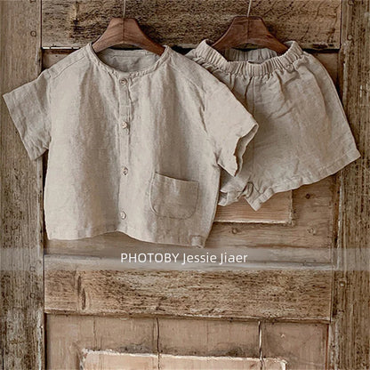 -キッズセットアップ 2点セット 半袖シャツ+ショートパンツ シンプルベーシック 2カラー【mh0006035】 - mamahalo shop - 半袖セットアップ -  べビー服 - 子供服 - 男の子 - 女の子