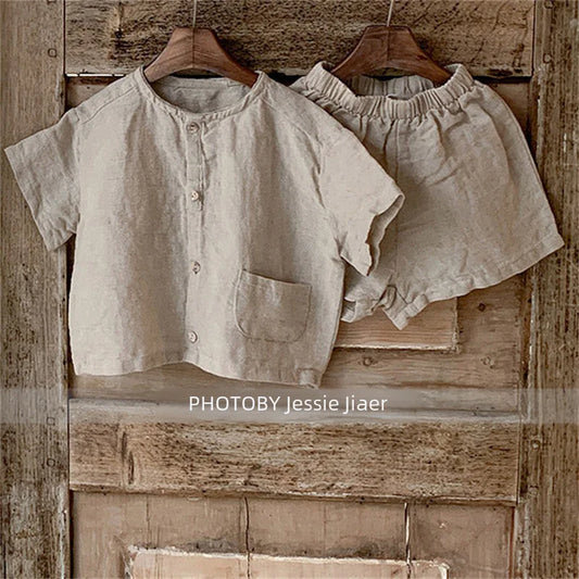 -キッズセットアップ 2点セット 半袖シャツ+ショートパンツ シンプルベーシック 2カラー【mh0006035】 - mamahalo shop - 半袖セットアップ -  べビー服 - 子供服 - 男の子 - 女の子