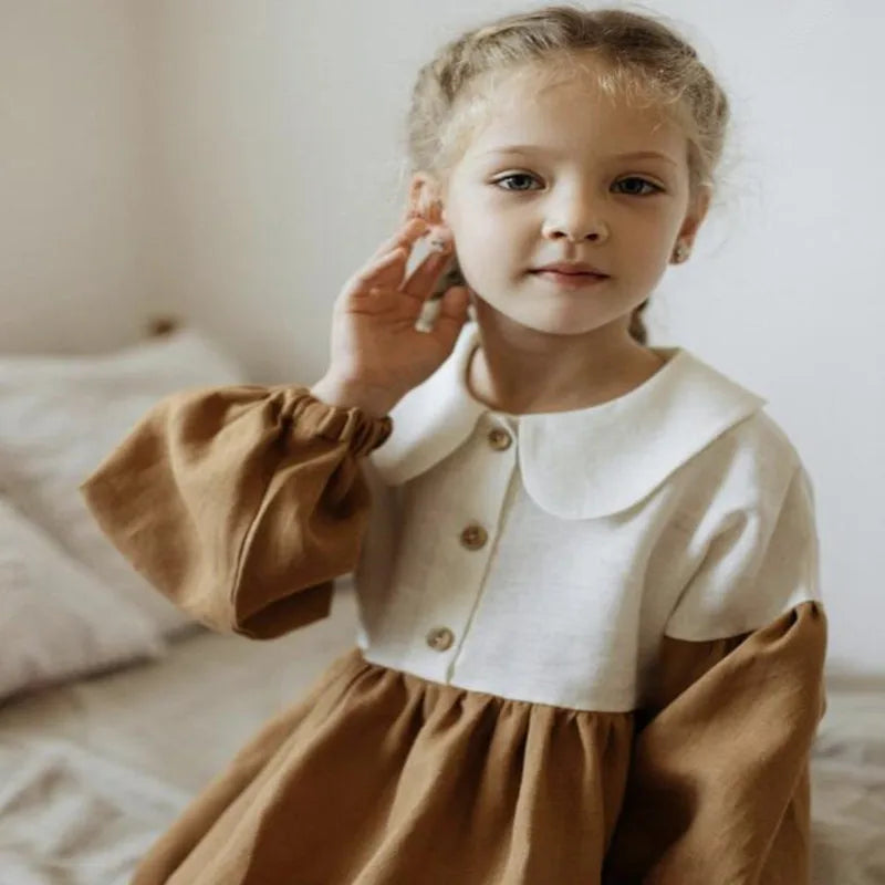 -キッズワンピース 長袖切り替えワンピース 丸襟 ブラウン/グリーン/2カラー - mamahalo shop - 長袖ワンピース -  べビー服 - 子供服 - 男の子 - 女の子