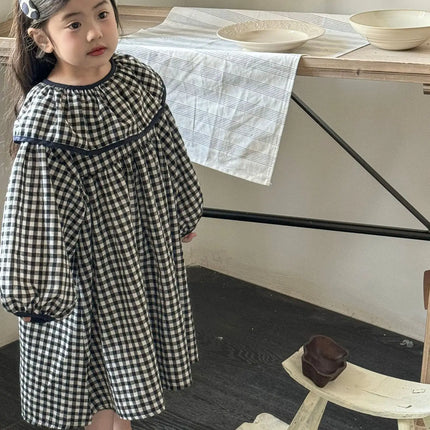 キッズワンピース チェックラッフル襟長袖ワンピース - mamahalo shop - 長袖ワンピース -  べビー服 - 子供服 - 男の子 - 女の子