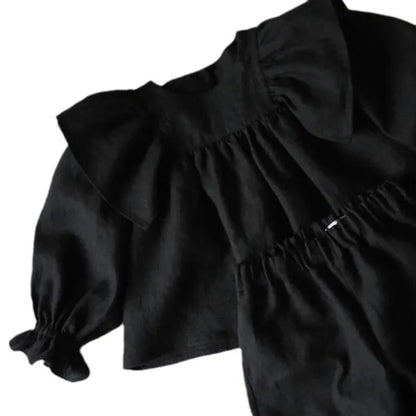 -キッズセットアップ 2点セット 長袖ショルダーフリルチュニックブラウス アンクルルーズパンツ ブラックスーツ - mamahalo shop - 長袖セットアップ -  べビー服 - 子供服 - 男の子 - 女の子