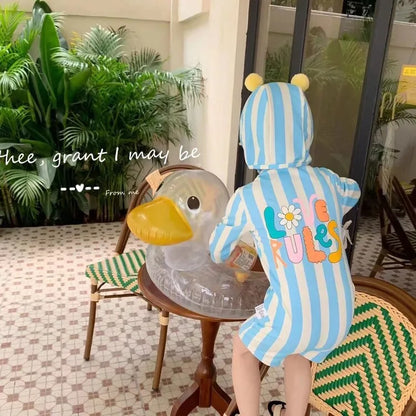 -キッズ水着 ボーイズ 長袖つなぎ ワンピース+帽子セット ストライプ くま耳帽子 スイムウェア【mh0005978】 - mamahalo shop - ベビー用水着 -  べビー服 - 子供服 - 男の子 - 女の子