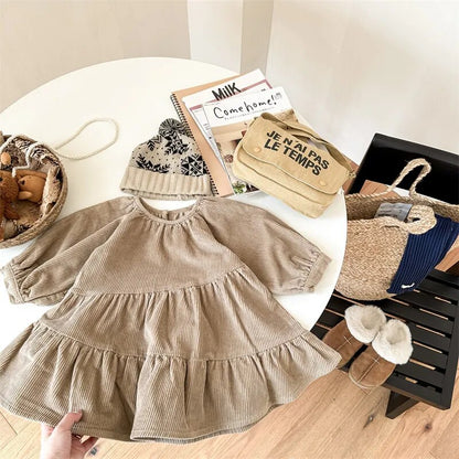 -キッズ 長袖ワンピース コーデュロイ ドレスワンピース カーキ ネイビーブルー 2カラー ガールズ 女の子 子供服 - mamahalo shop - 長袖ワンピース -  べビー服 - 子供服 - 男の子 - 女の子