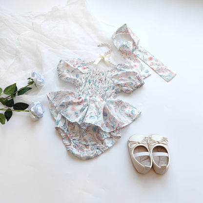 -ベビー フラワー 花柄 シャーリング スカート 半袖 ロンパース ドレス リボン セット ガールズ【mh0002073】 - mamahalo shop - 半袖ロンパース -  べビー服 - 子供服 - 男の子 - 女の子