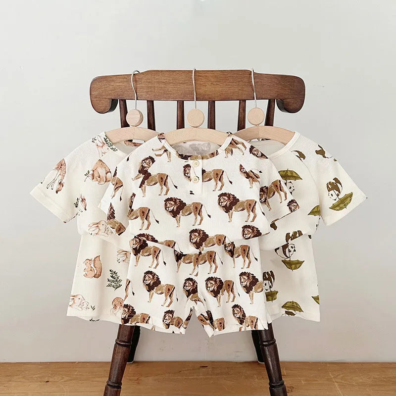 -キッズパジャマセット ワッフル 半袖Tシャツ+ハーフパンツ アニマルプリント柄【mh0004594】 - mamahalo shop - 半袖パジャマ -  べビー服 - 子供服 - 男の子 - 女の子