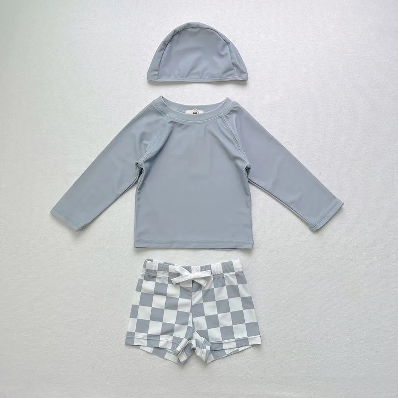 -キッズ水着 ボーイズ 半袖長袖 セパレートラッシュガード  スイムウェア スイミングウェア 帽子セット【mh0004294】 - mamahalo shop - ベビー用水着 -  べビー服 - 子供服 - 男の子 - 女の子
