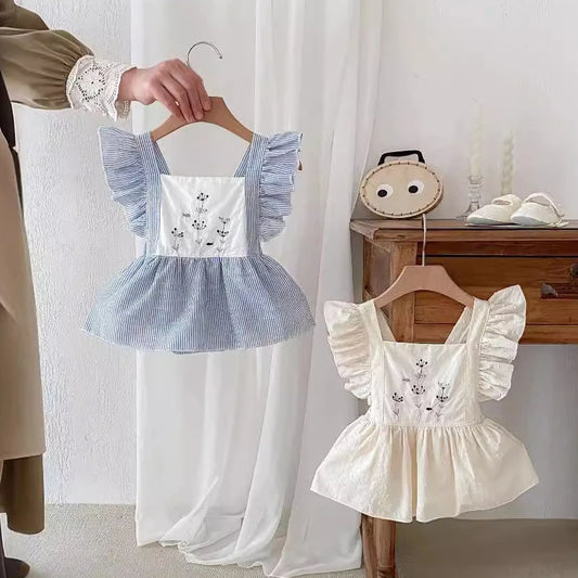 -ベビーロンパース フリルスリーブ ワンピースボディスーツ フラワー花柄刺繍 2カラー - mamahalo shop - 半袖ワンピース -  べビー服 - 子供服 - 男の子 - 女の子