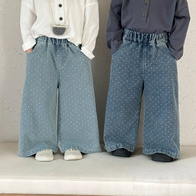 キッズパンツ 水玉ピンドットプリントデニムルーズワイドパンツバギーパンツ - mamahalo shop - デニムパンツ -  べビー服 - 子供服 - 男の子 - 女の子