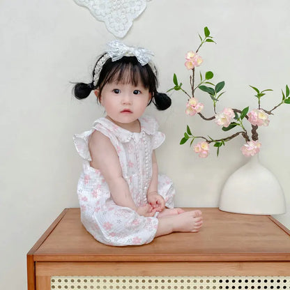 -ベビーロンパース 半袖フリルジャンプスーツ フラワー花柄プリント ヘアバンドセット【mh0005321】 - mamahalo shop - 半袖ロンパース -  べビー服 - 子供服 - 男の子 - 女の子