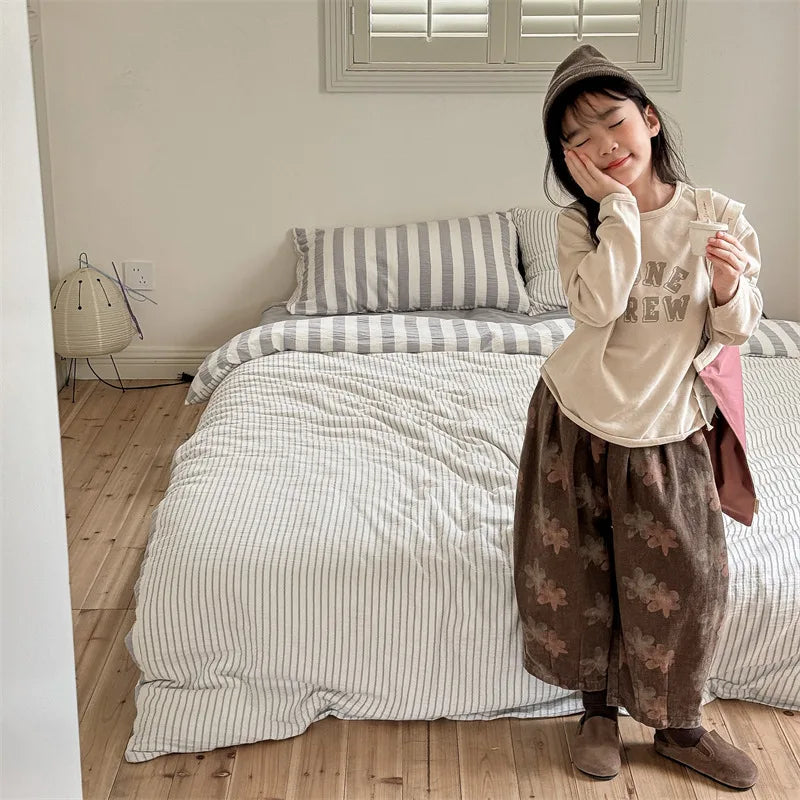 -キッズパンツ ルーズワイドロングパンツ レトロフラワープリント 2カラー - mamahalo shop - ロングパンツ・スウェットパンツ -  べビー服 - 子供服 - 男の子 - 女の子