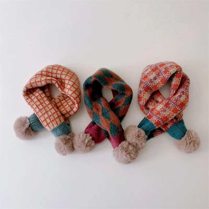 -キッズマフラー ぽんぽん付きネックウォーマー アーガイルチェック ユニセックス 男の子 女の子 子供服【mh0003397】 - mamahalo shop - ネックウォーマー -  べビー服 - 子供服 - 男の子 - 女の子