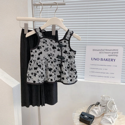 -キッズ セットアップ フラワー キャミソール ペプラム トップス ワイド フレア パンツ【mh0001562】 - mamahalo shop - ノースリーブセットアップ -  べビー服 - 子供服 - 男の子 - 女の子