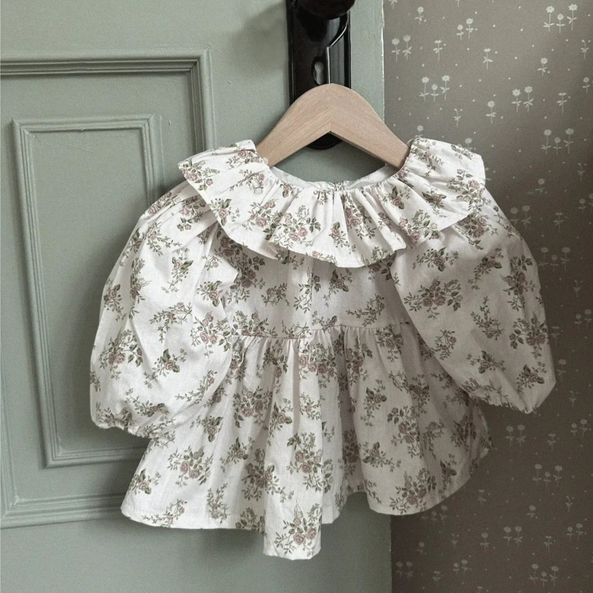 -ベビートップス フラワー小花柄プリントサークルフリル襟長袖パフスリーブチュニックブラウス 3カラー - mamahalo shop - 長袖シャツ・ブラウス -  べビー服 - 子供服 - 男の子 - 女の子