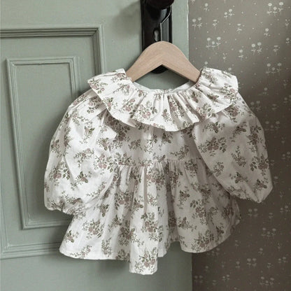 -ベビートップス フラワー小花柄プリントサークルフリル襟長袖パフスリーブチュニックブラウス 3カラー - mamahalo shop - 長袖シャツ・ブラウス -  べビー服 - 子供服 - 男の子 - 女の子