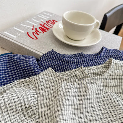 -キッズトップス 長袖パフスリーブブラウス チュニック チェック柄 ベージュ/ブルー/2カラー - mamahalo shop - 長袖シャツ・ブラウス -  べビー服 - 子供服 - 男の子 - 女の子