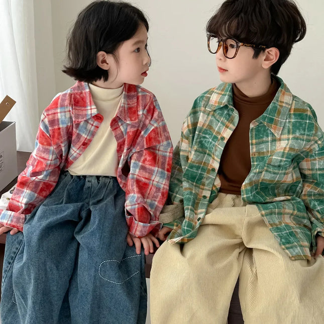 キッズトップス チェック長袖ルーズシャツ 2カラー - mamahalo shop - 長袖シャツ・ブラウス -  べビー服 - 子供服 - 男の子 - 女の子