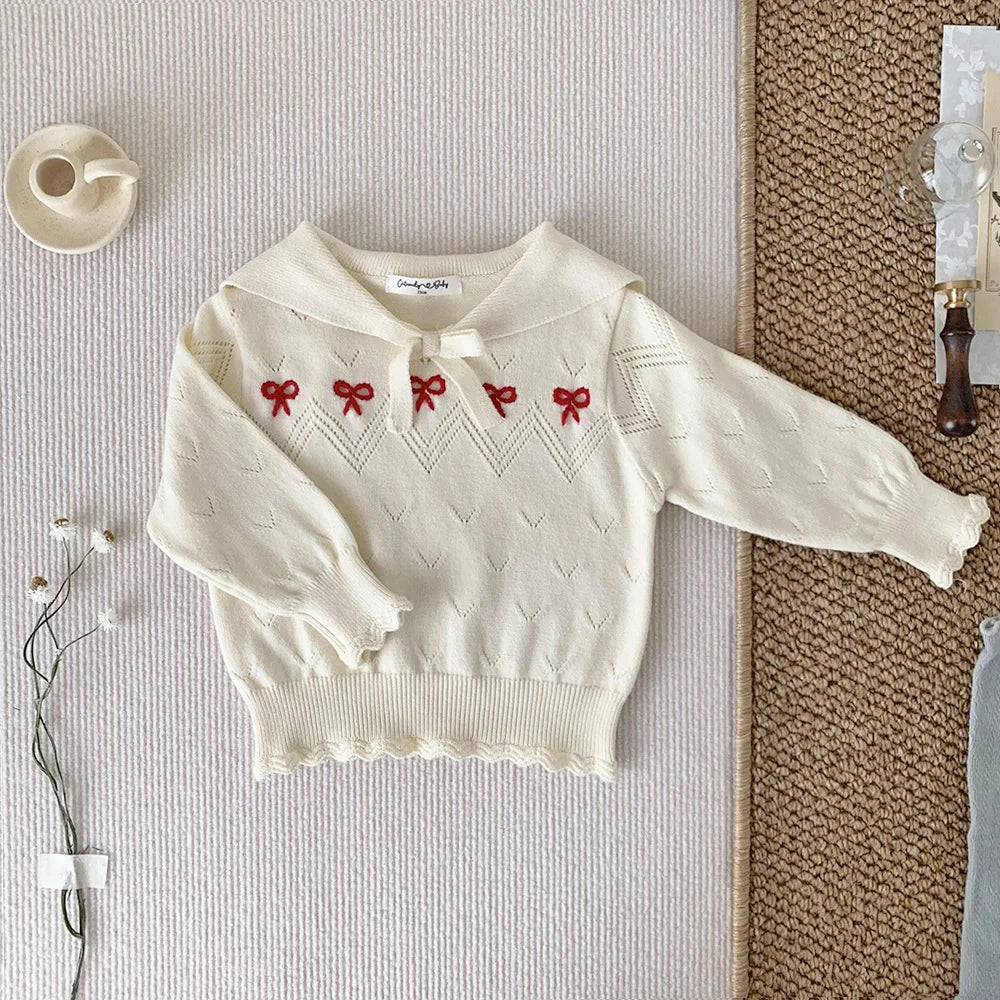 -ベビーキッズトップス ニット セーター セーラーカラー リボン刺繍 ブルー/ベージュ/2カラー【mh0004506】 - mamahalo shop - ニット・セーター -  べビー服 - 子供服 - 男の子 - 女の子