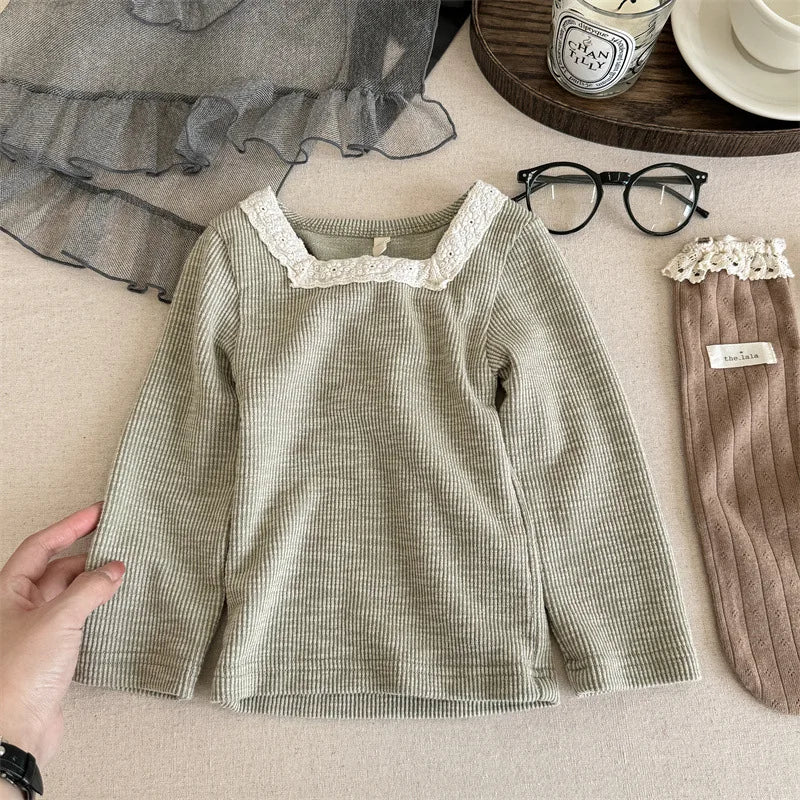 -キッズトップス レーススクエアネック 長袖Tシャツ カットソー 3カラー - mamahalo shop - 長袖Tシャツ -  べビー服 - 子供服 - 男の子 - 女の子