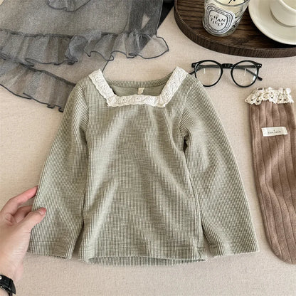 -キッズトップス レーススクエアネック 長袖Tシャツ カットソー 3カラー - mamahalo shop - 長袖Tシャツ -  べビー服 - 子供服 - 男の子 - 女の子