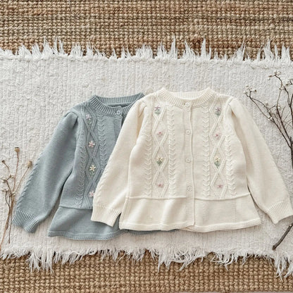 -キッズカーディガン フラワー花柄刺繍ペプラムフリルニットジャケット 2カラー - mamahalo shop - カーディガン・パーカー -  べビー服 - 子供服 - 男の子 - 女の子