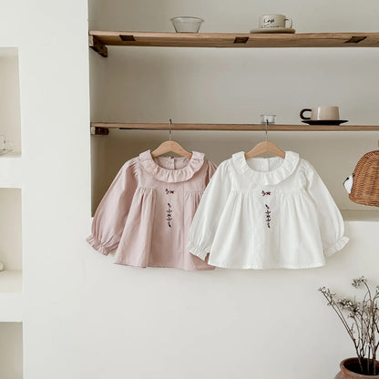 -キッズトップス サークルフリル襟刺繍ワンポイント長袖チュニックブラウス 2カラー【mh0006742】 - mamahalo shop - 長袖シャツ・ブラウス -  べビー服 - 子供服 - 男の子 - 女の子