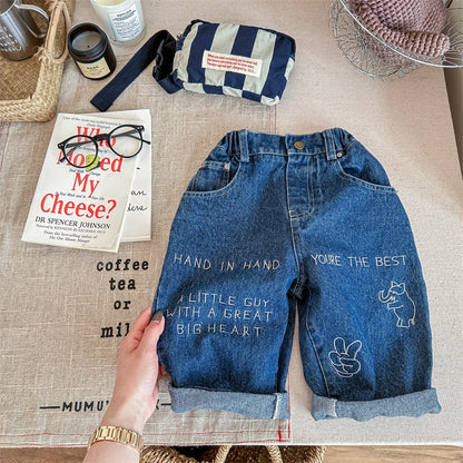 -キッズ デニム レターロゴ 象 刺繍 ルーズ パンツ ジーンズ ジーパン ボーイズ - mamahalo shop - デニムパンツ -  べビー服 - 子供服 - 男の子 - 女の子