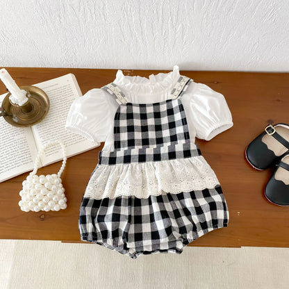 -ベビーセットアップ 2点セット 半袖パフスリーブブラウス+チェックフリルサスペンダーロンパース【mh0005219】 - mamahalo shop - ロンパースセットアップ -  べビー服 - 子供服 - 男の子 - 女の子