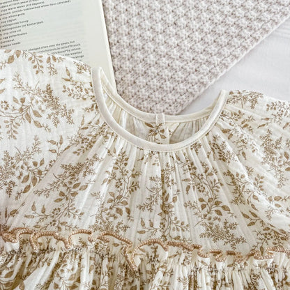 -ベビーロンパース フライングスリーブスカートボディスーツ フラワー花柄プリント ベージュ - mamahalo shop - 半袖ロンパース -  べビー服 - 子供服 - 男の子 - 女の子