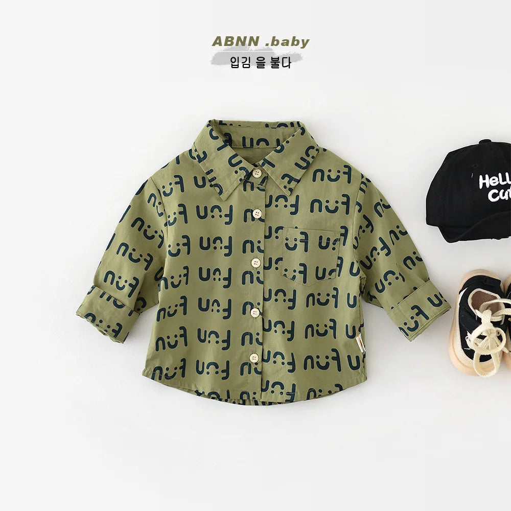 -ベビートップス プリントロゴ長袖シャツ グリーン - mamahalo shop - 長袖シャツ・ブラウス -  べビー服 - 子供服 - 男の子 - 女の子