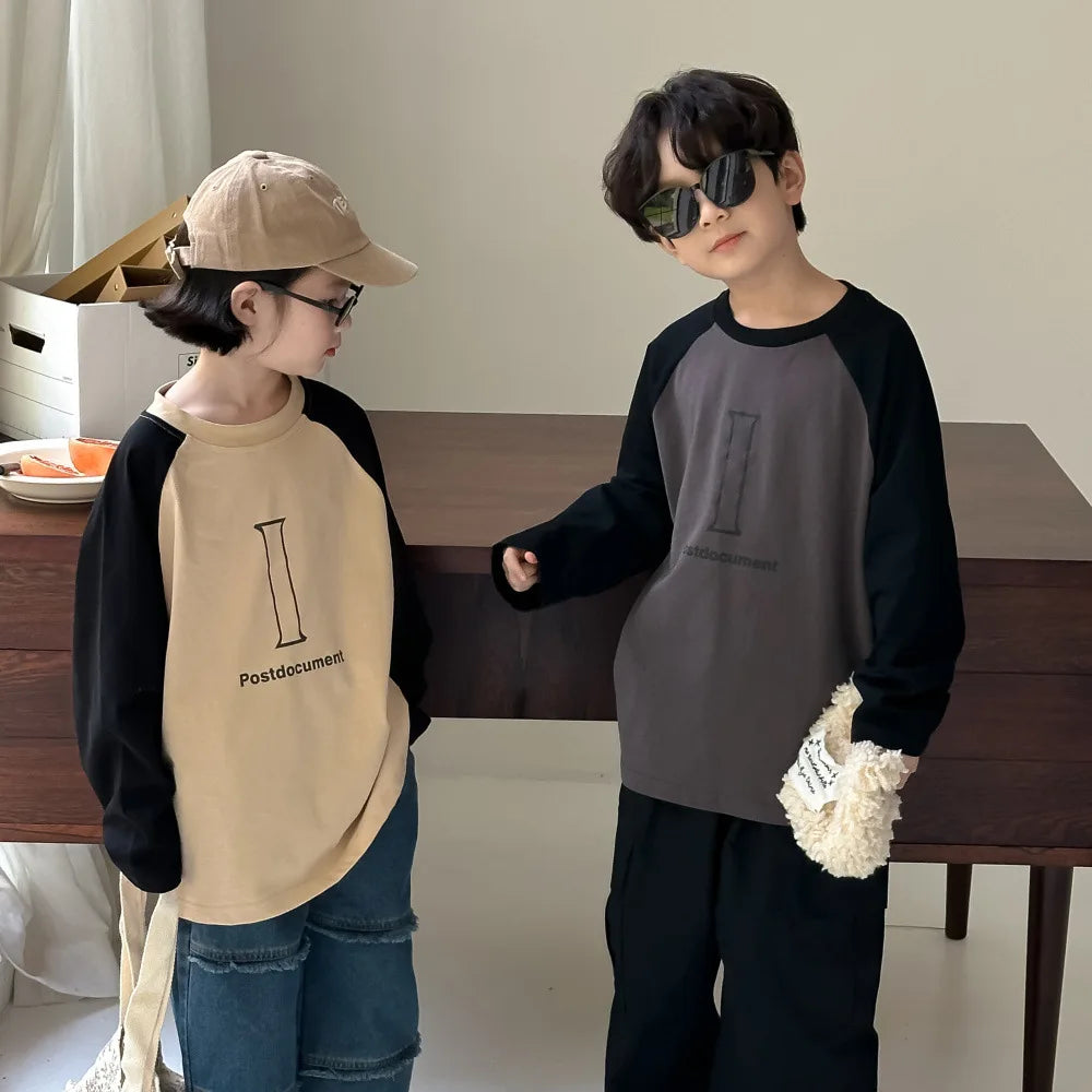 -キッズトップス パッチワークラグランスリーブプリント柄長袖Tシャツ 2カラー - mamahalo shop - 長袖Tシャツ -  べビー服 - 子供服 - 男の子 - 女の子