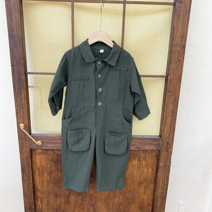 -キッズ 長袖 シャツ ジャンプスーツ オーバーオール つなぎ ブルーグレー グリーン ボーイズ - mamahalo shop - 長袖ジャンプスーツ -  べビー服 - 子供服 - 男の子 - 女の子