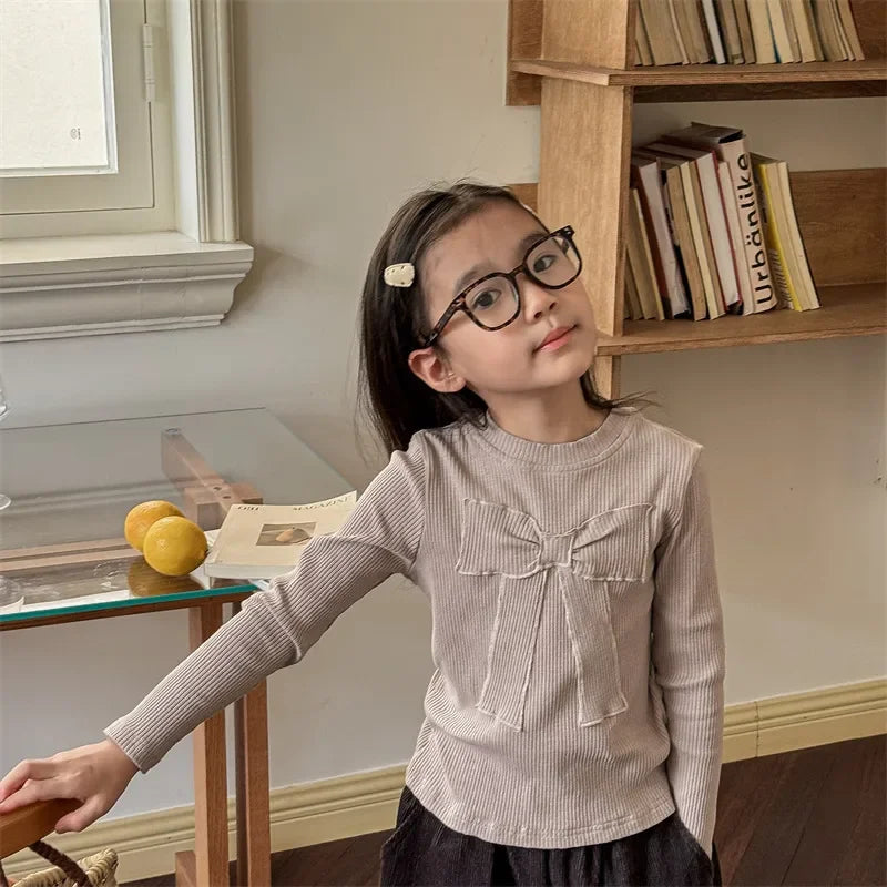 -キッズトップス リボンアップリケ刺繍長袖カットソーTシャツ 3カラー - mamahalo shop - 長袖Tシャツ -  べビー服 - 子供服 - 男の子 - 女の子