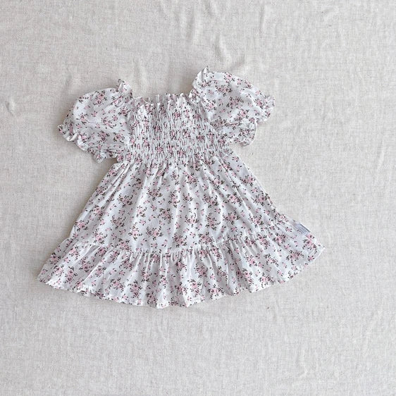 -ベビーワンピース 半袖パフスリーブ シャーリング サマードレス フラワー花柄プリント 3カラー【mh0005345】 - mamahalo shop - 半袖ワンピース -  べビー服 - 子供服 - 男の子 - 女の子