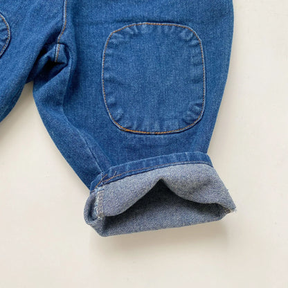 -キッズパンツ デニムパンツ 膝パッチ レトロ ジーンズ ジーパン【mh0006543】 - mamahalo shop - デニムパンツ -  べビー服 - 子供服 - 男の子 - 女の子