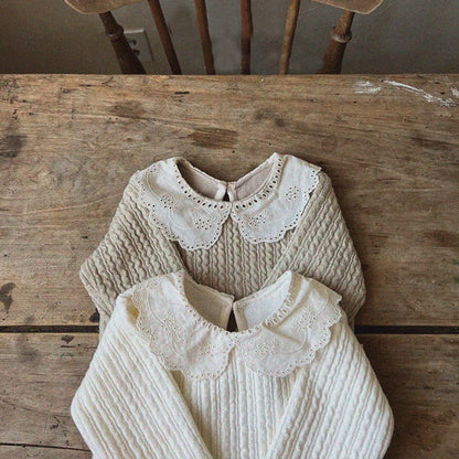 -ベビートップス レース襟 長袖ブラウス Tシャツ ホワイト グレー 2カラー - mamahalo shop - 長袖シャツ・ブラウス -  べビー服 - 子供服 - 男の子 - 女の子