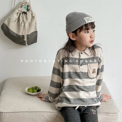 -キッズトップス ボーダー 長袖ポロシャツ くまベア刺繍 2カラー - mamahalo shop - 長袖シャツ・ブラウス -  べビー服 - 子供服 - 男の子 - 女の子