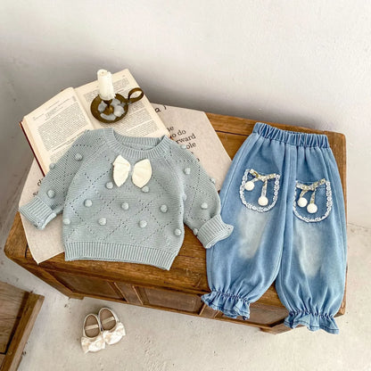 -ベビーキッズ リボンぽんぽんニットセーター ブルー - mamahalo shop - ニット・セーター -  べビー服 - 子供服 - 男の子 - 女の子