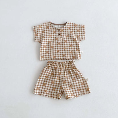 -ベビーセットアップ 2点セット/ワンピース 半袖Tシャツ+ショートパンツ/ノースリーブワンピース ベアくまチェック リンクコーデ 兄弟姉妹 お揃いコーデ【mh0006269】 - mamahalo shop - 半袖セットアップ -  べビー服 - 子供服 - 男の子 - 女の子