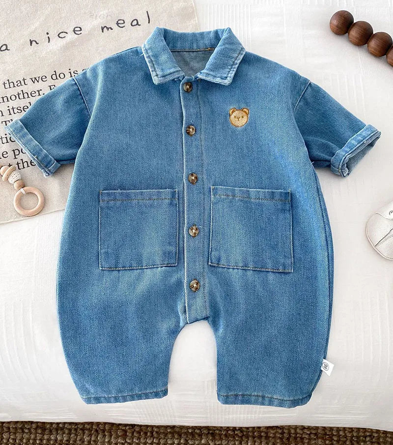 -ベビージャンプスーツ デニム 長袖シャツつなぎ ベアくまワンポイント 2カラー - mamahalo shop - 長袖ジャンプスーツ -  べビー服 - 子供服 - 男の子 - 女の子