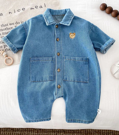 -ベビージャンプスーツ デニム 長袖シャツつなぎ ベアくまワンポイント 2カラー - mamahalo shop - 長袖ジャンプスーツ -  べビー服 - 子供服 - 男の子 - 女の子