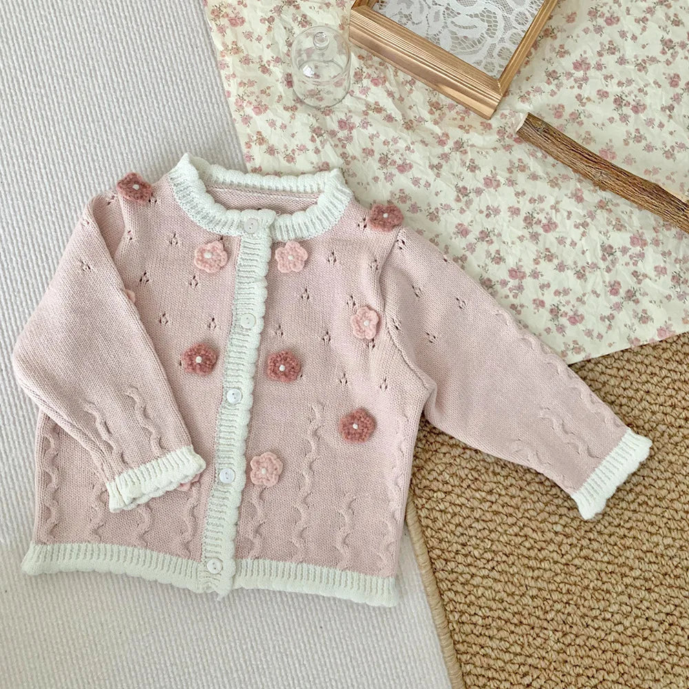 -ベビーキッズカーディガン ニットジャケット フラワー刺繍 ピンク/グリーン/2カラー【mh0004554】 - mamahalo shop - カーディガン・パーカー -  べビー服 - 子供服 - 男の子 - 女の子