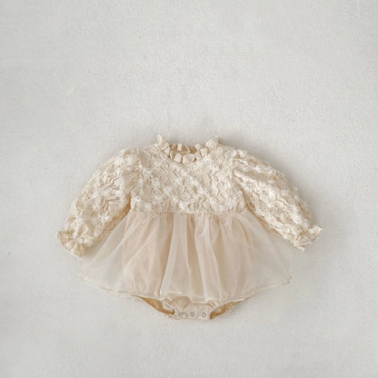 -ベビーロンパース スタンドフリルカラーチュチュスカートドッキング長袖ドレスロンパース アプリコット【mh0007114】 - mamahalo shop - 長袖ロンパース -  べビー服 - 子供服 - 男の子 - 女の子