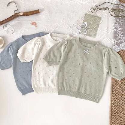 -ベビーキッズトップス レースニット 半袖パフスリーブ サマーセーター リボン 3カラー - mamahalo shop - 半袖Tシャツ -  べビー服 - 子供服 - 男の子 - 女の子