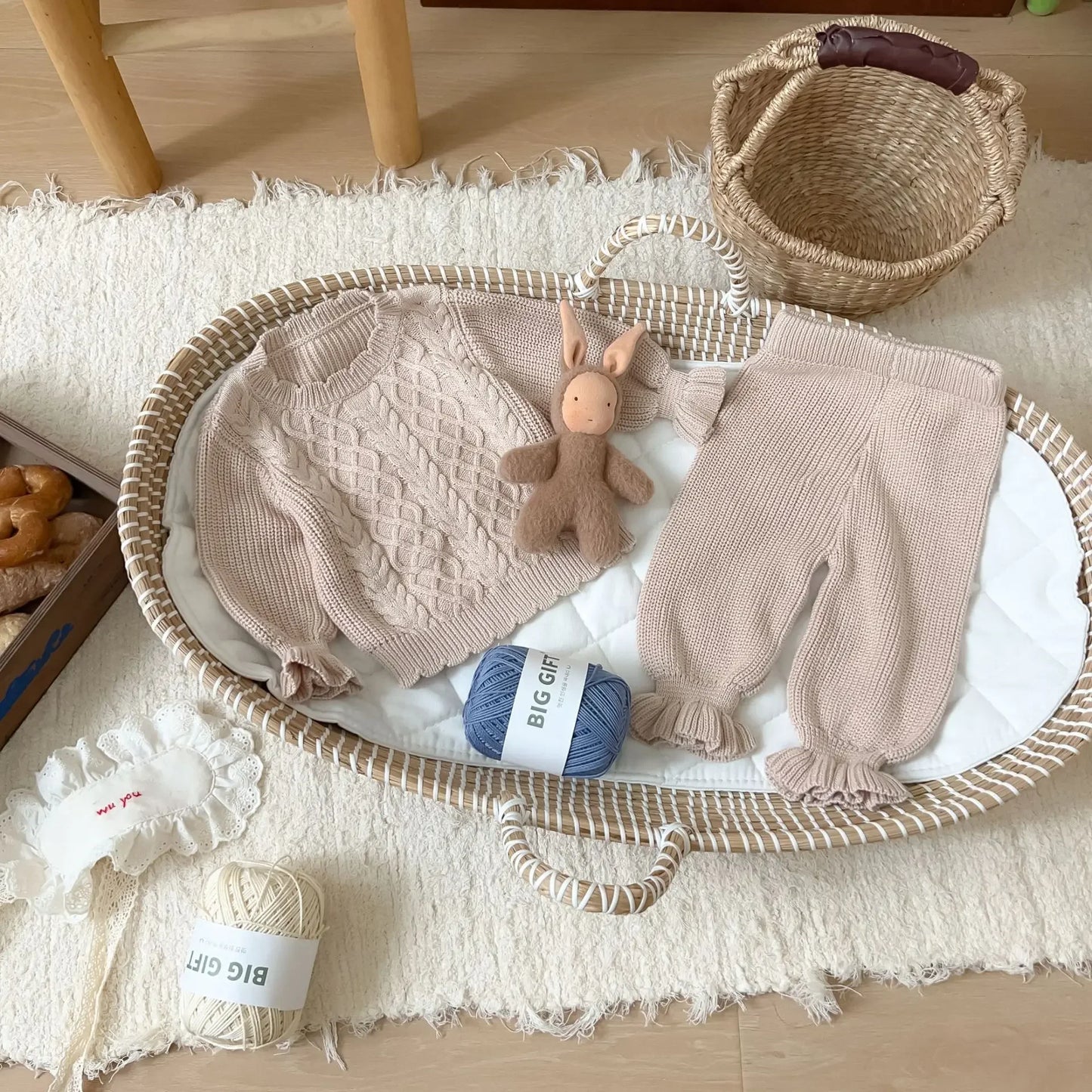 -ベビーキッズトップス/パンツ アラン編みケーブルニットセーター/裾フリルニットロングパンツ 2カラー - mamahalo shop - 長袖セットアップ -  べビー服 - 子供服 - 男の子 - 女の子