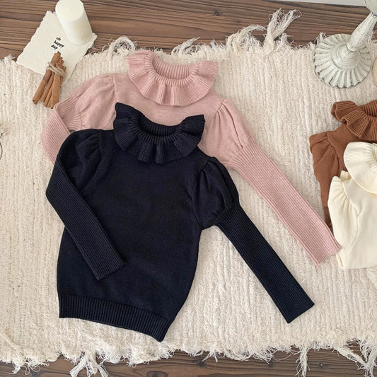 -ベビーキッズトップス ラッフル襟ニット長袖パフスリーブカットソーセーター 3カラー - mamahalo shop - ニット・セーター -  べビー服 - 子供服 - 男の子 - 女の子